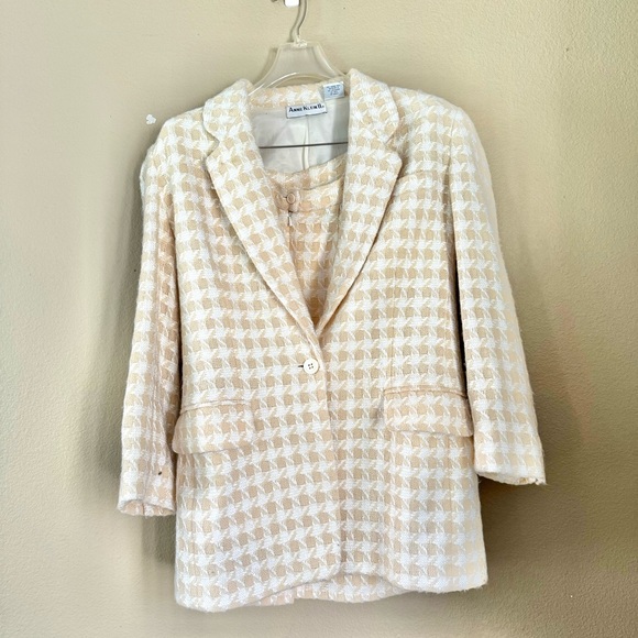 Vintage Anne Klein Houndstooth Wool Blend Skirt Suit Set Cream Size 8/10 - Picture 2 of 9